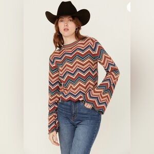 Zigzag Patterned 70s Inspired Retro Vibe Bell Sleeve Multicolor Blouse